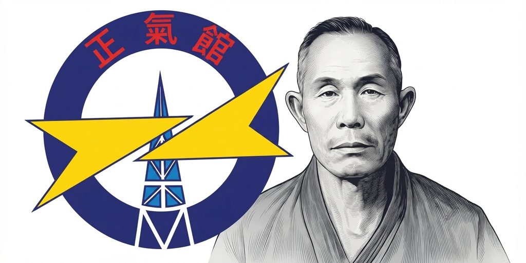 Jungki Kwan logo en Choi Yong Sul plaatje op de Jungki Hapkido pagina van de Mudo-Kwan Nederland website van Ronald Verheuvel